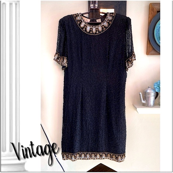 Vintage Laurence Kazar Dresses & Skirts - Vintage Beaded Cocktail Dress, 100% Black Silk, Beads & Sequins,by L Kazar,NY,2X